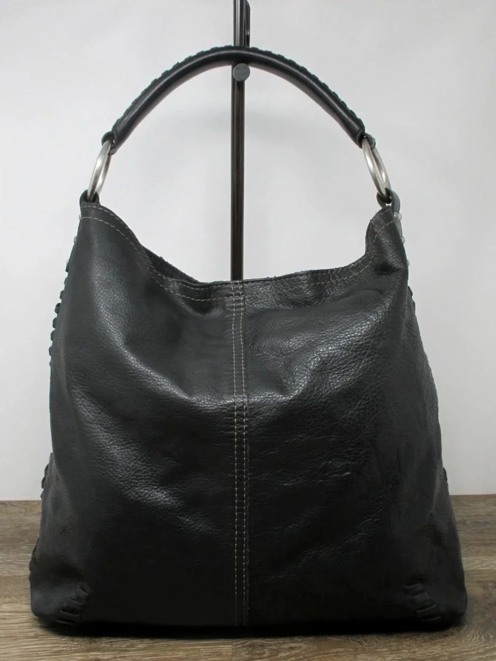 Lucky Brand Black Leather StuddedHobo Bag Whipstitch Slouchy Shoulder Purse